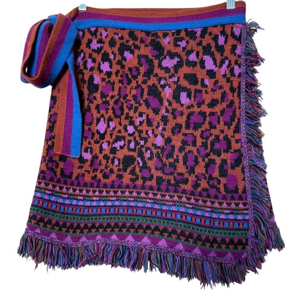 Farm Rio Ainika Tapestry Leopard Sweater‎ Wrap Skirt Fringe Purple Orange Small